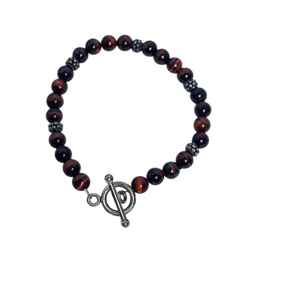 Sterling Silver & Brown Cats Eye Beaded Necklace 17" W/ Matching Bracelet (5921) - Picture 8 of 10